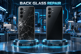 Back glass repair before and after service illustration — select your model for the matching cover