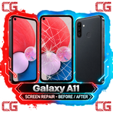 Galaxy A11 screen repair before and after — original CG corner icons and center watermark