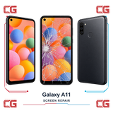 Samsung Galaxy A11 screen repair — clean front, cracked front and clean back