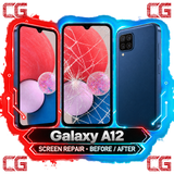 Galaxy A12 screen repair before and after — original CG corner icons and center watermark