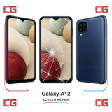 Samsung Galaxy A12 screen repair — clean front, cracked front and clean back
