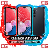 Galaxy A13 5G screen repair before and after — original CG corner icons and center watermark