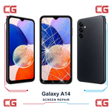 Samsung Galaxy A14 screen repair — clean front, cracked front and clean back