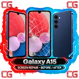 Galaxy A15 screen repair before and after — original CG corner icons and center watermark