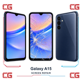 Samsung Galaxy A15 screen repair — clean front, cracked front and clean back