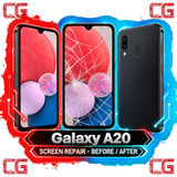 Galaxy A20 screen repair before and after — original CG corner icons and center watermark