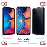 Samsung Galaxy A20 screen repair — clean front, cracked front and clean back