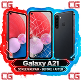 Galaxy A21 screen repair before and after — original CG corner icons and center watermark