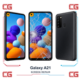 Samsung Galaxy A21 screen repair — clean front, cracked front and clean back