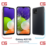 Samsung Galaxy A22 5G screen repair — clean front, cracked front and clean back