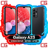 Galaxy A23 screen repair before and after — original CG corner icons and center watermark