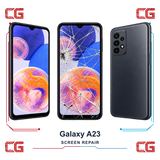 Samsung Galaxy A23 screen repair — clean front, cracked front and clean back