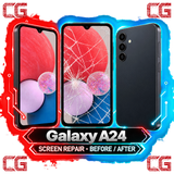 Galaxy A24 screen repair before and after — original CG corner icons and center watermark