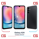 Samsung Galaxy A24 screen repair — clean front, cracked front and clean back