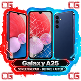 Galaxy A25 screen repair before and after — original CG corner icons and center watermark