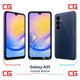 Samsung Galaxy A25 screen repair — clean front, cracked front and clean back
