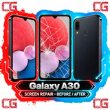 Galaxy A30 screen repair before and after — original CG corner icons and center watermark