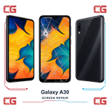 Samsung Galaxy A30 screen repair — clean front, cracked front and clean back