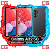 Galaxy A32 5G screen repair before and after — original CG corner icons and center watermark
