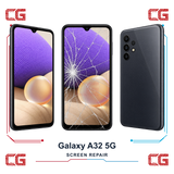Samsung Galaxy A32 5G screen repair — clean front, cracked front and clean back