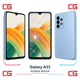 Samsung Galaxy A33 screen repair — clean front, cracked front and clean back