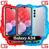 Galaxy A34 screen repair before and after — original CG corner icons and center watermark