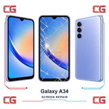 Samsung Galaxy A34 screen repair — clean front, cracked front and clean back
