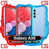 Galaxy A35 screen repair before and after — original CG corner icons and center watermark
