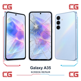 Samsung Galaxy A35 screen repair — clean front, cracked front and clean back