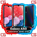 Galaxy A50 screen repair before and after — original CG corner icons and center watermark