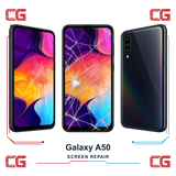 Samsung Galaxy A50 screen repair — clean front, cracked front and clean back