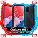 Galaxy A51 screen repair before and after — original CG corner icons and center watermark