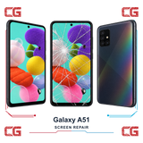 Samsung Galaxy A51 screen repair — clean front, cracked front and clean back