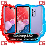 Galaxy A52 screen repair before and after — original CG corner icons and center watermark