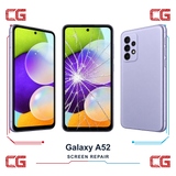 Samsung Galaxy A52 screen repair — clean front, cracked front and clean back