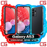 Galaxy A53 screen repair before and after — original CG corner icons and center watermark