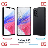Samsung Galaxy A53 screen repair — clean front, cracked front and clean back