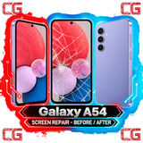 Galaxy A54 screen repair before and after — original CG corner icons and center watermark