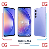 Samsung Galaxy A54 screen repair — clean front, cracked front and clean back