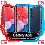Galaxy A55 screen repair before and after — original CG corner icons and center watermark