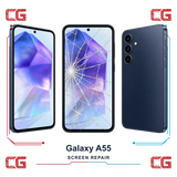 Samsung Galaxy A55 screen repair — clean front, cracked front and clean back