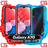 Galaxy A70 screen repair before and after — original CG corner icons and center watermark