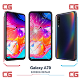 Samsung Galaxy A70 screen repair — clean front, cracked front and clean back