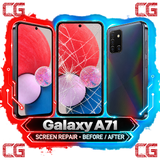Galaxy A71 screen repair before and after — original CG corner icons and center watermark