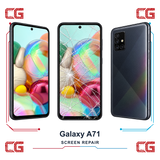 Samsung Galaxy A71 screen repair — clean front, cracked front and clean back