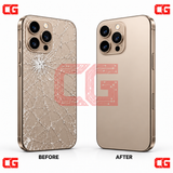 iPhone 16 Pro Max back glass repair before and after in desert titanium, with CG icons and watermark