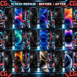 iPhone screen repair before and after collage for recent Pro Max models at Cellular Geeks