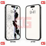 iPhone screen replacement before and after with cracked LCD and repaired pearl-white screen, CG corner icons and watermark